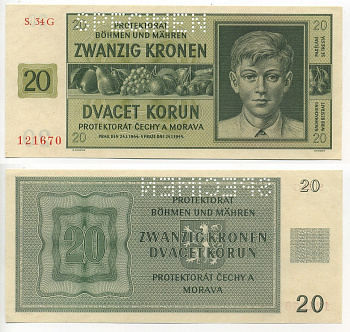 БОГЕМИЯ И МОРАВИЯ 20 КРОН 1944 ОБРАЗЕЦ Pick 9s бумага UNC (ПРЕСС) 000-00-00