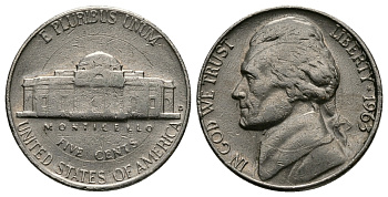 США 5 ЦЕНТОВ 1963 ДЖЕФФЕРСОН KM А192 медно-никель 89-352