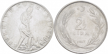 ТУРЦИЯ 2 1/2 ЛИРЫ 1967 KM 893.1 сталь 215-413