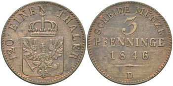 Бранденбург-Пруссия 3 пфеннига 1846 D, Фридрих Вильгельм IV (1840-1861), вес 4,53 гр. KM 453, Jg. 52, AKS 90. медь 31-1135