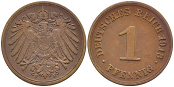 ГЕРМАНИЯ 1 ПФЕННИГ 1913 F KM 10, J. 10, Weege 2 медь 206-419