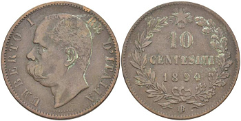 Италия 10 чентезимо 1894 B/I, Умберто I (1878-1900) KM 27.1 медь 4526-1016
