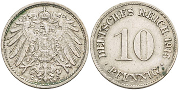 Германия 10 пфеннигов 1915 D KM 12, Jager 13, Weege 8 медно-никель 219-247