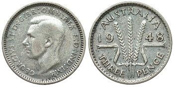 Австралия 3 пенса 1948 m, Георг VI (1937-1952), без букв KM 37a серебро 71-215
