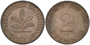 ФРГ 2 ПФЕННИГА 1976 G KM 106a, J.381a сталь плакированная сталь плакированная медьюю 75-444