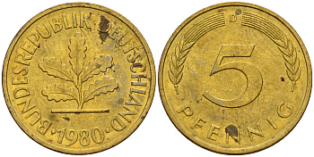 ФРГ 5 пфеннигов 1980 D J.382, KM 107 сталь плакированная латунью    4598-1025