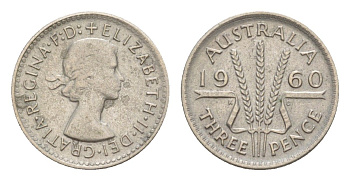 Австралия 3 пенса 1960 m, Елизавета II (1952-2022) KM 57 серебро 4630-225