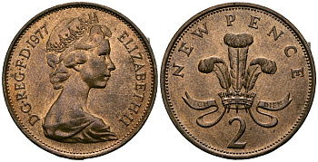 Великобритания 2 пенса 1977 Елизавета II (1952-2022) KM 916, Spink 4235 (C1) бронза 4381-322