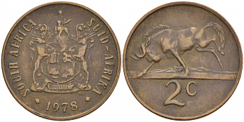ЮАР 2 цента 1978 герб, антилопа гну KM 83 бронза 110-136
