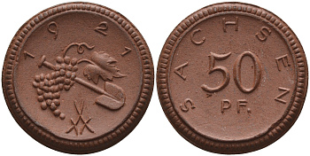 Саксония 50 пфеннигов 1921 виноград и лопата J. N 54 фарфор 1094-5-21