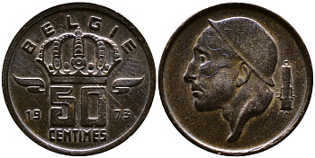 Бельгия 50 сантимов 1973 Belgie, Бодуэн I (1951-1993) KM 149.1 бронза 4387-621