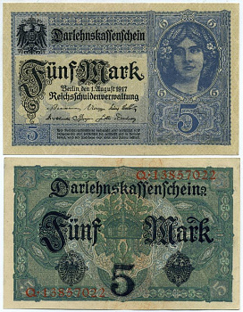 Германия 5 марок 1917 1 августа 1917, восемь цифр в номере, серия Р Pick 56 b, Розенберг 54 b бумага UNC (пресс) 450-15-2