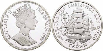 Остров Мэн 1 крона 1995 АМЕРИКАНСКИЙ КУБОК ЧЕЛЛЕНЖЕРА В САН ДИЕГО, ПАРУСНИК KM 524a серебро PROOF 00-000-00