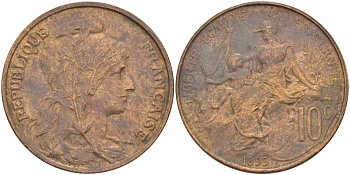 ФРАНЦИЯ 10 САНТИМОВ 1899 ТИП ДАНИЭЛЬ ДЮПЮИ KM 843, LA FRANC 136.8 бронза 109-123