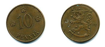 Финляндия 10 пенни 1926 республика (1918-1962) KM 24 медь 46-1527