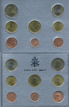 ВАТИКАН ЕВРОНАБОР ИЗ 8 МОНЕТ 2003 ИОАНН ПАВЕЛ II, В ОРИГИНАЛЬНОМ БУКЛЕТЕ KM MS 109 биметалл UNC 7-5-46