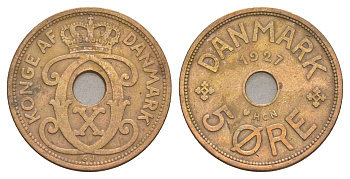 Дания 5 эре 1927 HCN, Кристиан X (1912-1947) KM 828 бронза 4657-234