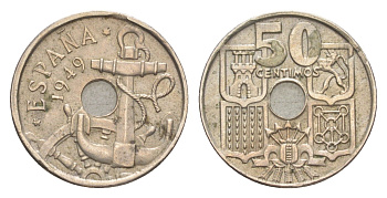 Испания 50 сентимо 1949 Франсиско Франко (1939-1975) KM 777 медно-никель 4618-1248