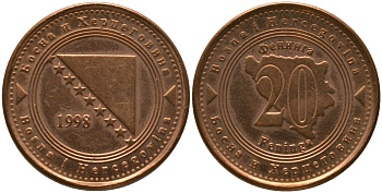 Босния и Герцеговина 20 фенингов 1998 KM 116 сталь плакированная медью 4551-822