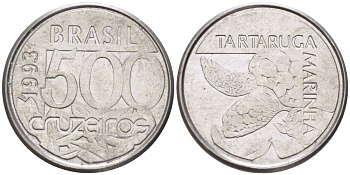 Бразилия 500 крузейро 1993 морская черепаха KM 624 нержавеющая сталь 26-511