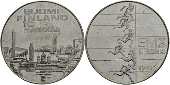 Финляндия 10 марок 1971 S-H, X Чемпионат Европы по легкой атлетике KM 52 серебро UNC 633-611