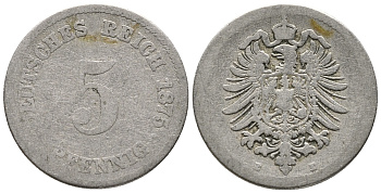ГЕРМАНИЯ 5 ПФЕННИГОВ 1875 E, СТАРОГЕРБОВКА KM 3, J. 3 медно-никель 39-355