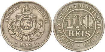 БРАЗИЛИЯ 100 РЕЙС 1888 ПЕДРО II (1831-1889) KM 483 медно-никель 4529-531