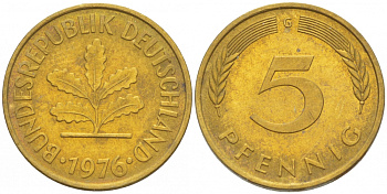 ФРГ 5 ПФЕННИГОВ 1976 G KM 107, J.382 сталь плакированная латунью 3996-1151
