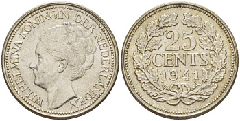Нидерланды 25 центов 1941 Вильгельмина (1890-1948) KM 164 серебро aUNC 66-1145