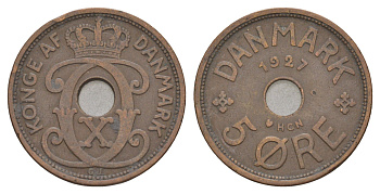 Дания 5 эре 1927 HCN, Кристиан X (1912-1947) KM 828 бронза 4657-222