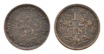 Нидерланды 1/2 цента 1917 Вильгельмина (1890-1948 KM 138 бронза 4701-1229