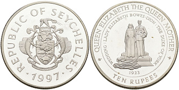 Сейшельские острова 10 рупий 1997 королевская свадьба Георга VI и Елизаветы Боуз-Лайон, 1923 год KM 90 серебро PROOF 1096-1-65