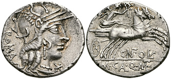 Римская Республика денарий 117 - 116 гг. до н.э. монетарии М. Калидий, Кв. Метелл и Гн. Фульвий. голова Ромы / Виктория в биге extremely fine 3,93 гр. Crawf. 284/1 b; Syd. 539 a серебро 1073-5-3-1