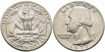 США 25 центов (квотер) 1971 Вашингтон KM 164а медь плакированная медно-никелем 63-843