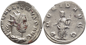 Римская Империя антониниан 257 Галлиен PROVID AVGG, Провиденция с рогом Изобилия, Медиолан, Good Very fine RIC 395 серебро 1073-15-37