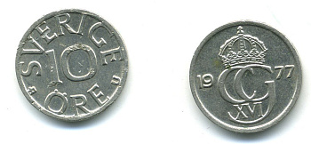 Швеция 10 эре 1977 U Карл XVI Густав (1973- ) KM 850 медно-никель 23-932