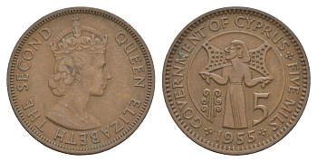 Кипр 5 милей 1955 Елизавета II (1952-2022) KM 34 бронза 4652-331