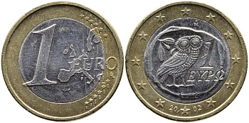 Греция 1 евро 2002 KM 187 биметалл 4390-1157