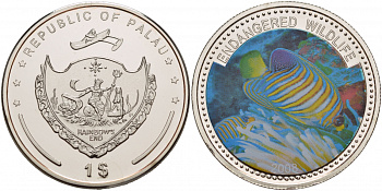 Палау 1 доллар 2008 серия вымирающие виды, рыба королевский ангел, цветная эмаль KM 166 медно-никель PROOF 1088-7-21 M10-14