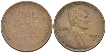 США 1 ЦЕНТ 1953 D, ЛИНКОЛЬН KM А132 медь цинк 218-1015