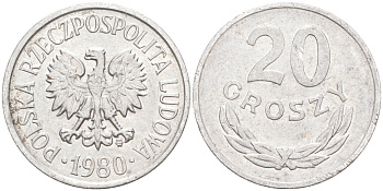 ПОЛЬША 20 ГРОШЕЙ 1980 MW KM A47 алюминий VF-XF 188-449