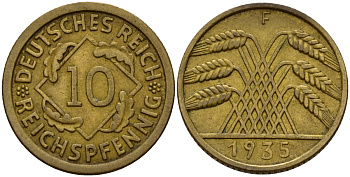 Германия 10 рейхспфеннигов 1935 F KM 40, J. 317 алюминиевая бронза 4187-1033
