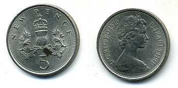 Великобритания 5 пенсов 1970 Елизавета II (1952-2022) KM 911, Spink 4233 (D1) медно-никель 4110-911