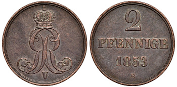 Брауншвейг-Каленберг-Ганновер 2 пфеннига 1853 B, Георг V (1851-1866) KM 217,aKS 152, J. 84 медь 4142-157