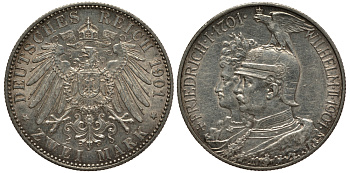 Пруссия 2 марки 1901 A, 200 лет Прусской королевской династии (Фридрих I - Вильгельм II) J.105, Weege 105, KM 525 серебро 3711-1135