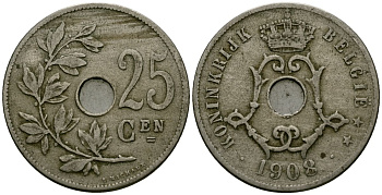 Бельгия 25 сантимов 1908 Belgie KM 63 медно-никель 4165-635