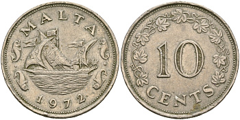 Мальта 10 центов 1972 баржа Великого магистра KM 11 медно-никель 4137-914