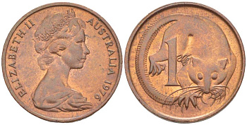 АВСТРАЛИЯ 1 ЦЕНТ 1976 ЕЛИЗАВЕТА II (1952-) МОЛОДОЙ ПОРТРЕТ, ОПОССУМ KM 62 бронза 4516-634