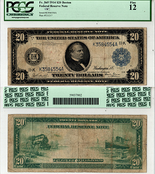 США, Federal Reserve Note 20 долларов 1914 Даллас. В слабе компании PCGS Currency. Сохранность - «12». Fr. 1005  бумага   452-1-197