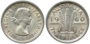 Австралия 3 пенса 1960 m, Елизавета II (1952-2022) KM 57 серебро 71-647
